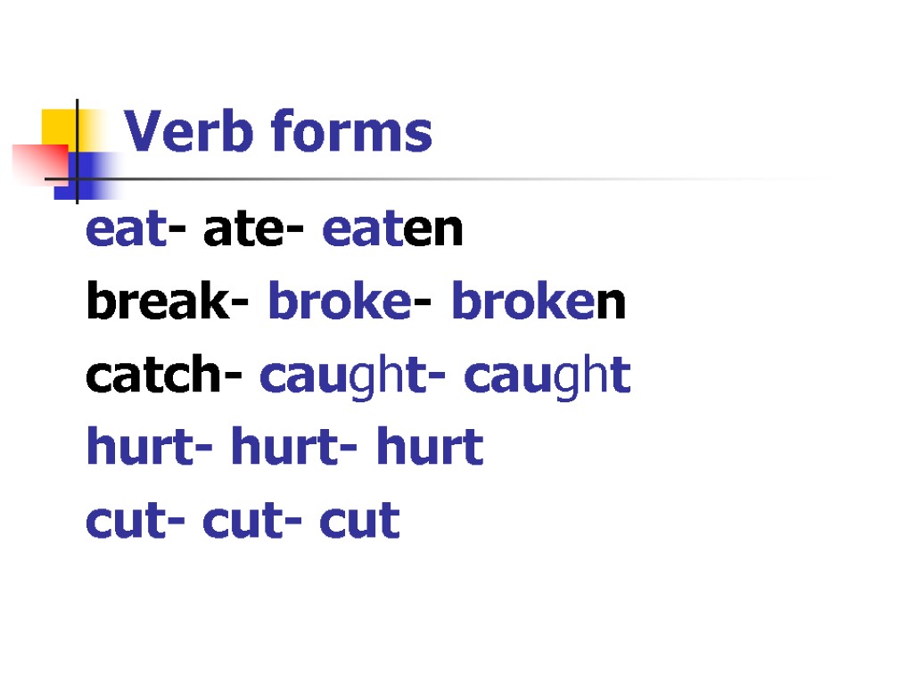 Verb forms eat- ate- eaten break- broke- broken catch- caught- caught hurt- hurt- hurt